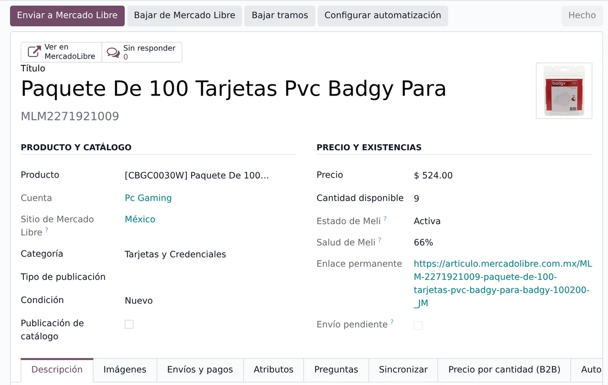 Ficha de una publicación con precio, existencias y salud de la publicación